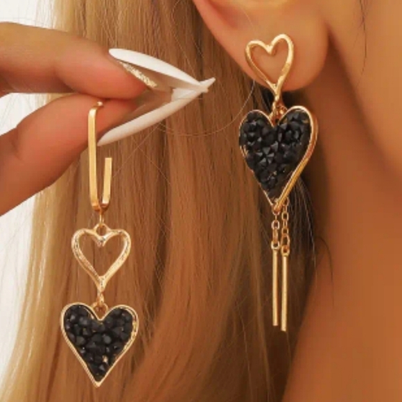 NWT - Gold Tone, Black Rhinestone Asymmetrical Dangle Earrings 2.5" Drop - Picture 4 of 4